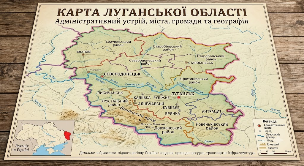 Карта Луганської області: межі, райони та географія